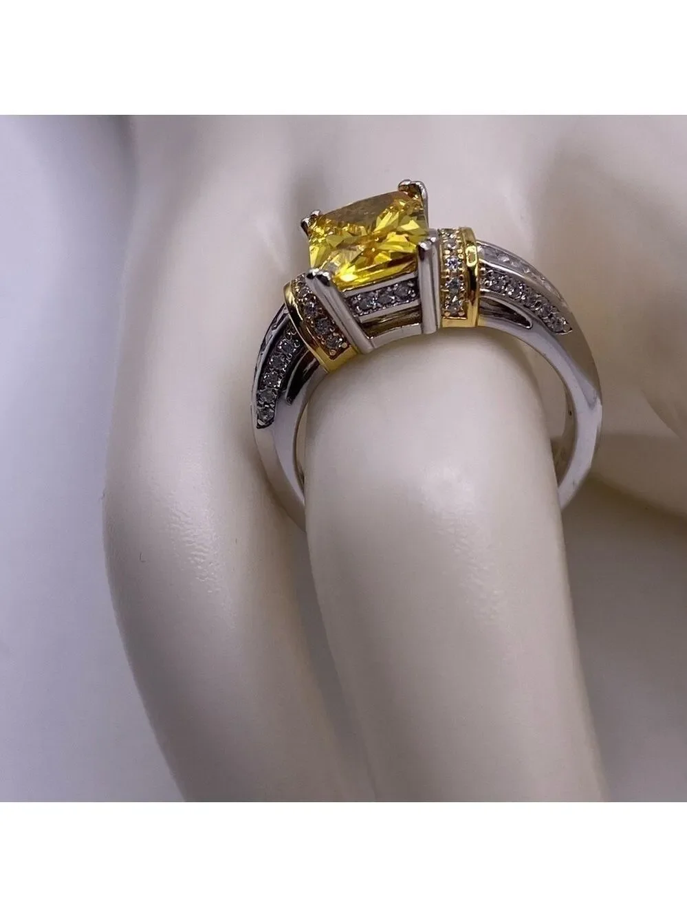 Sterling Silver Two Tone Gold Plated Emerald Cut Yellow CZ Ring - Size 7, NWT